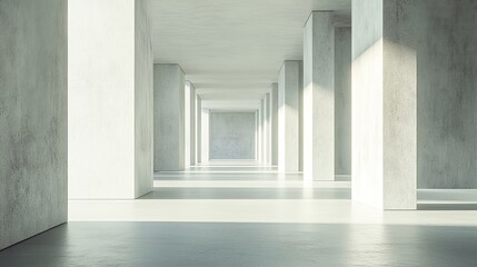 Obraz premium Sunlit minimalist concrete hallway with columns.