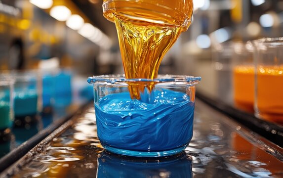 Liquid gold cascades into vibrant blue, a mesmerizing dance of color in motion. Witness the creation of a new hue!