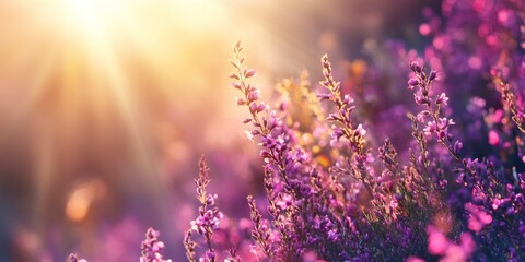 Naklejka premium Heather blooming under gentle sun rays creates a captivating scene. The beauty of heather blooming, illuminated by soft sun rays, enhances the natural charm of the landscape.