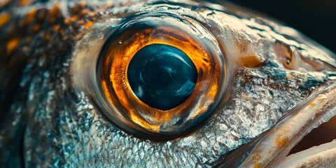 Close up view showcasing a raw big eye fish, highlighting the intricate details and textures of this unique big eye fish, perfect for culinary or seafood themed imagery.