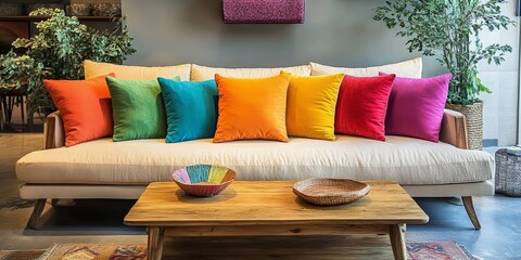 Comfortable couch adorned with vibrant cushions, complemented by a wooden coffee table that enhances the cozy atmosphere. Cozy sofa, colorful cushions, and wooden coffee table.