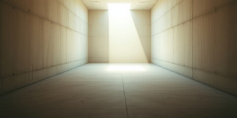 A single beam of light pierces through a small opening in the ceiling, illuminating the otherwise dark and desolate concrete room.