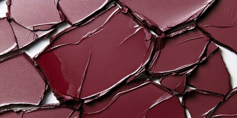 Texture of broken burgundy lipstick showcased against a white background. This unique burgundy lipstick texture highlights the beauty of both lip gloss and creamy eye shadow in a vibrant display.