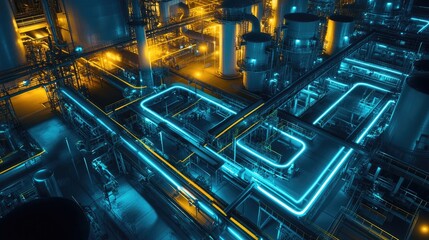 Abstract glowing lines representing AI-powered automation processes in industrial and commercial setups.