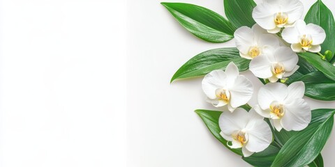 Fototapeta premium Isolated against a white backdrop, fragile white orchid blossoms accompanied by vibrant green leaves create a striking visual contrast.