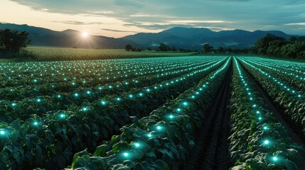 Obraz premium AI-driven agriculture concept with glowing sensors in a lush, green field, representing intelligent crop management.