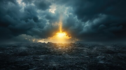 Obraz premium Dramatic Sunset Over Dark Landscape with Stormy Clouds Above