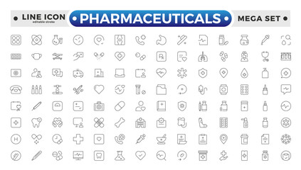 Pharmaceuticals Icon set collection. Set of vector line icons of Medicine and health for web and apps. modern icon and various concepts. Editable stroke outline icon.