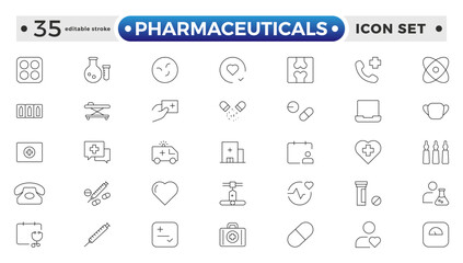 Pharmaceuticals Icon set collection. Set of vector line icons of Medicine and health for web and apps. modern icon and various concepts. Editable stroke outline icon.