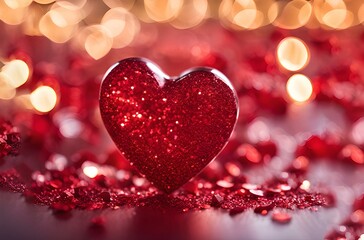Obraz premium Red glitter volumetric heart on red shiny blurred background. Love Valentine's Day on February 14. Send Valentine, small gift, letter with declaration of love to beloved