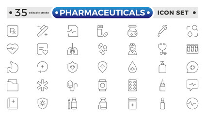 Pharmaceuticals Icon set collection. Set of vector line icons of Medicine and health for web and apps. modern icon and various concepts. Editable stroke outline icon.