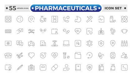 Pharmaceuticals Icon set collection. Set of vector line icons of Medicine and health for web and apps. modern icon and various concepts. Editable stroke outline icon.