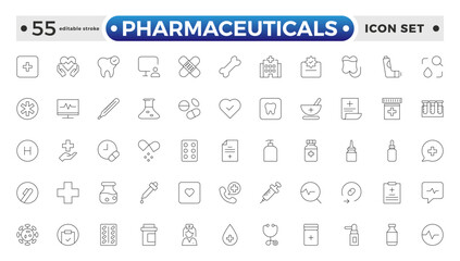 Pharmaceuticals Icon set collection. Set of vector line icons of Medicine and health for web and apps. modern icon and various concepts. Editable stroke outline icon.