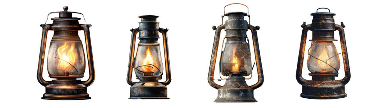 Vintage oil lantern with burning flame isolated on transparent background.