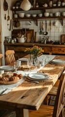 Fototapeta premium Cozy Dining Room Setup with Rustic Wooden Table and Tableware