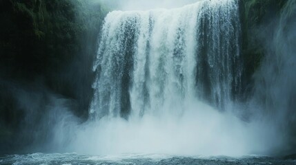 Serene Waterfall: Misty Cascade in a Lush Green Landscape