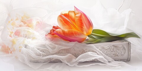 The Easter story is symbolized by a lovely tulip spring flower placed in an ornate box, set against a white background, creating a captivating larger than life panorama.