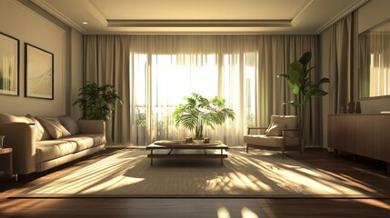 Sunlit living room with beige sofa, armchair, and plants.