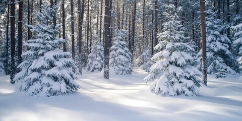 Obraz premium Pine trees blanketed in deep snow create a serene winter landscape in the forest, showcasing the beauty of pine trees amidst a tranquil winter scene. Enjoy the wonder of pine trees in winter.