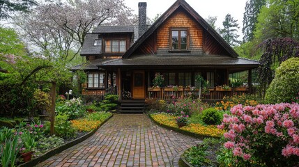 Charming Wooden House Surrounded by Blooming Gardens and Greenery
