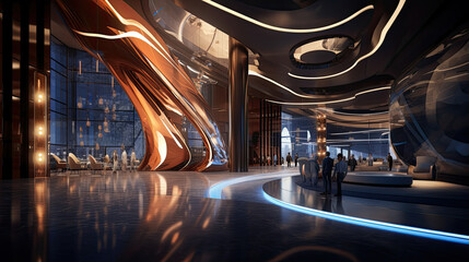 Futuristic Hotel Lobby with Modern Design and Metallic Accents