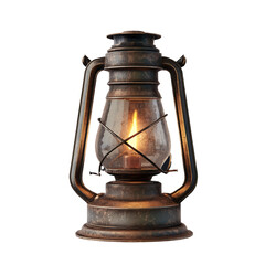 Vintage oil lantern with burning flame isolated on transparent background.