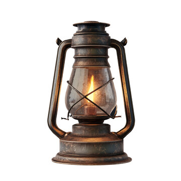 Vintage oil lantern with burning flame isolated on transparent background.