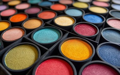 Naklejka premium A vibrant eyeshadow palette bursts with an array of rich, diverse colors, promising endless makeup possibilities. Discover your perfect shade!