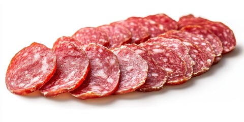 Sliced salami arranged beautifully on a white background, showcasing the rich texture and color of the sliced salami that enhances any culinary presentation. Perfect for food related content.