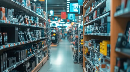 Aisle of Electronics in a Modern Retail Store with Products Displayed