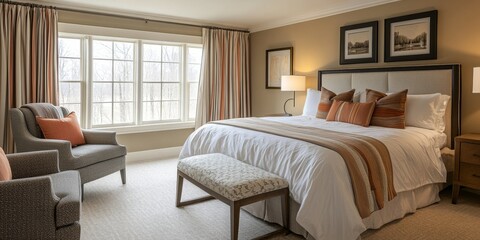 Fototapeta premium A cozy room featuring a comfortable bed and stylish chairs, creating an inviting atmosphere for relaxation. The room showcases a harmonious blend of the bed and chairs for perfect comfort.