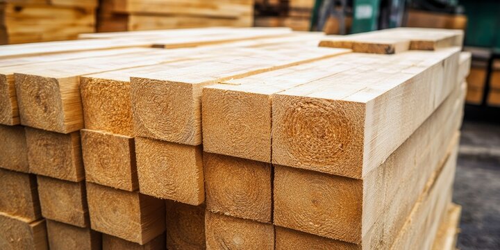 Pine sawn timber blocks for constructing roof houses and cottages are neatly stacked on the lumberyard site, fully prepared for sale and ready for various building projects involving pine timber.