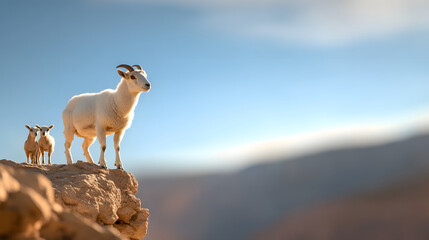 Naklejka premium group of ibex standing on rocky cliffs, showcasing their agility and strength in stunning natural landscape. scene captures beauty of wildlife in its habitat