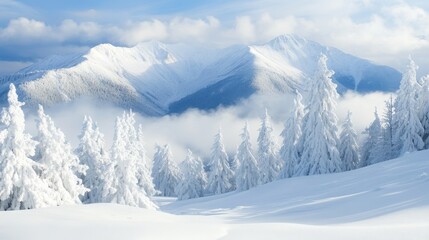 Fototapeta premium Pristine mountains blanketed in fresh powder snow create a breathtaking winter wonderland, showcasing the beauty of mountains transformed by fresh powder snow.
