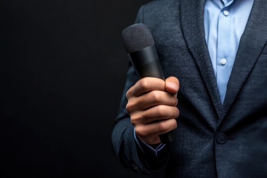 Holding a microphone in a formal setting during a presentation or interview event at a professional venue