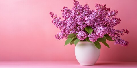 Bouquet of lilacs arranged in a white plaster vase against a pink background, capturing the essence of spring with vibrant lilacs that enhance the seasonal charm and beauty.