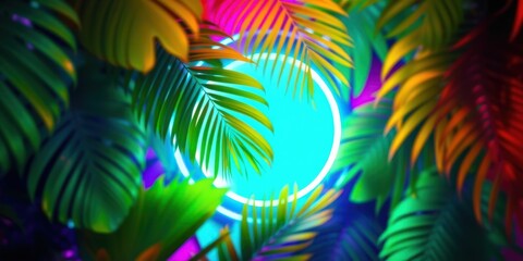 Tropical foliage frames a glowing blue circle with a white neon outline, creating a vibrant and mesmerizing backdrop.