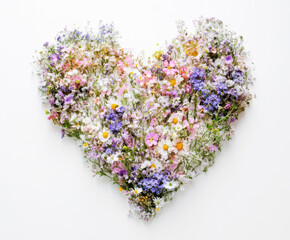 Obraz premium Floral heart arrangement made of colorful wildflowers on a white background showcasing nature's beauty and creativity