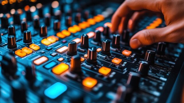 Close-up of a hand adjusting audio mixer controls.