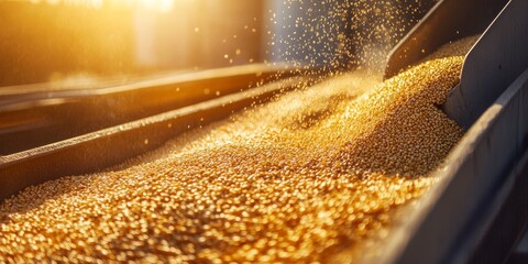 Grain processing plant featuring close up views of grain loading into a truck body, illuminated by sunlight, showcasing the vital role of the plant in efficient grain storage and handling.