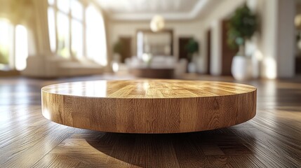 Fototapeta premium Round wooden display in luxury home interior, sunlit room background.