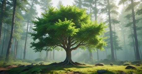 Obraz premium A green tree with a blurred background effect in a serene forest environment, natural world, green tree, nature