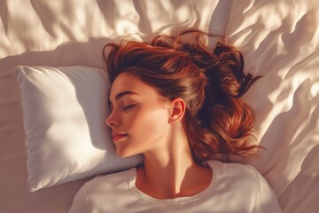 Fototapeta premium Peaceful woman resting on a soft bed in warm sunlight during the morning