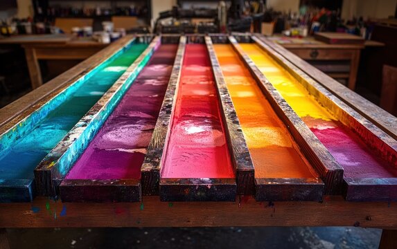 Vibrant spectrum of inks arranged in color intensity gradients, a captivating display of hues in a creative workspace.