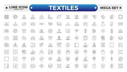 Textiles outline icon. Fabric features line icon set. Fabric, textile material, cotton, leather, silk, synthetics, wool, bamboo, waterproof, windproof and others. Editable stroke outline icon.
