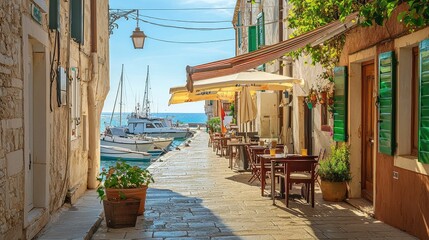 Fototapeta premium Charming Coastal Street with Cafés and Boats in Serene Harbor