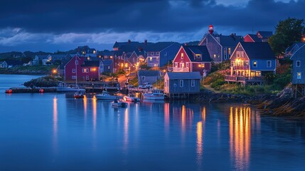Fototapeta premium Serene Coastal Village at Twilight with Reflections on Water
