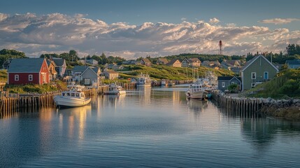 Fototapeta premium Tranquil Harbor Scene with Colorful Houses and Calm Waters