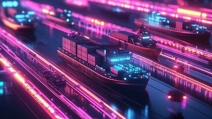 Obraz premium Neon-lit container ships and cargo vessels sailing on glowing waterways.