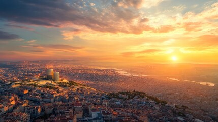 Fototapeta premium Golden sunset over sprawling cityscape, aerial view.